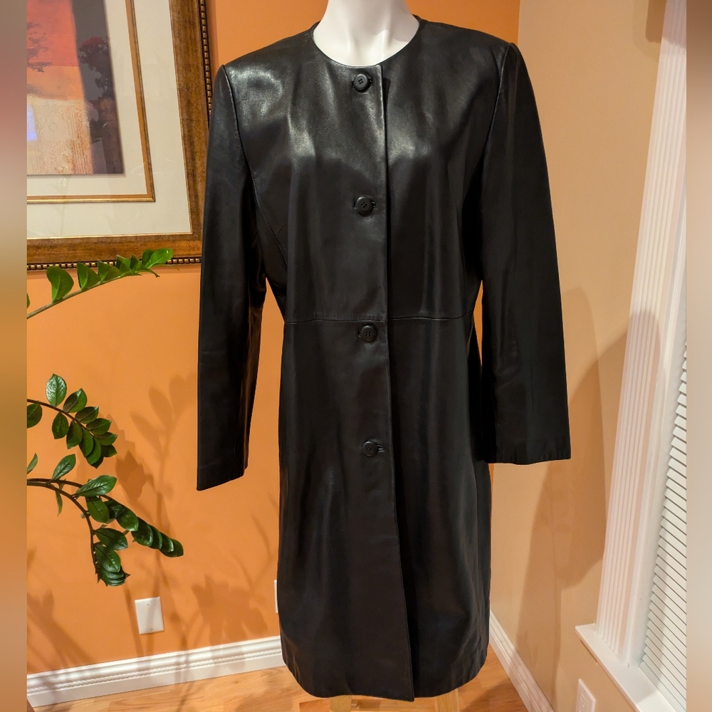 Black Leather Long Coat - Women’s Classic Button Front Jacket